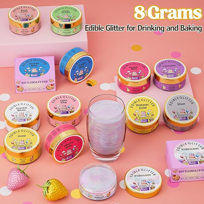 Nomeca Edible Glitter for Drinks Cakes, 8 grams Food Grade Luster Dust Sprinkles Glitter for Cake Decorations, DIY Cocktails, Beverages & Cake Decorating, Dessert Cake Topper (2-Silver)