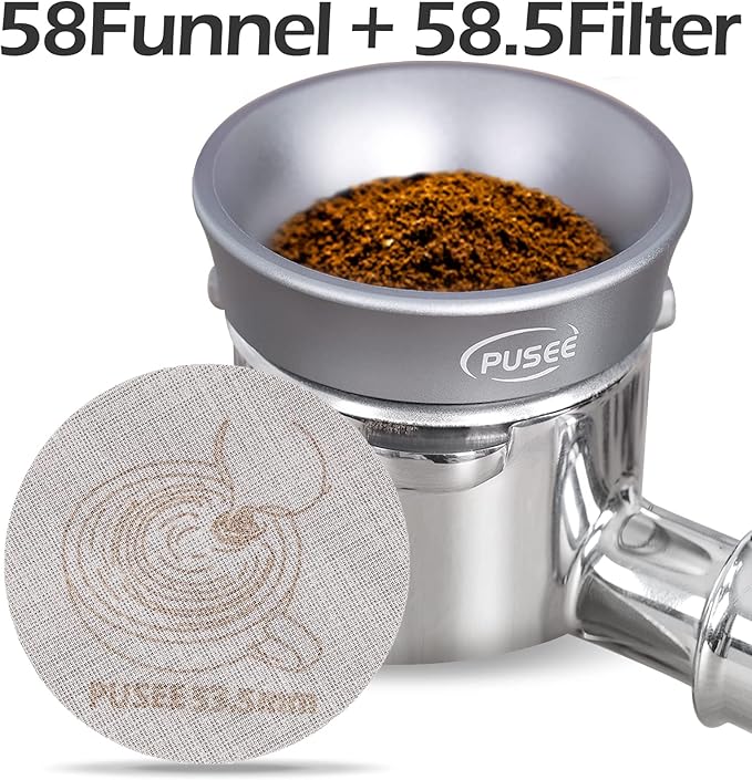 58mm Espresso Dosing Funnel & 58.5mm Puck Screen,PUSEE Coffee Dosing Ring Aluminum Metal,Reusable 1.7mm Thickness 150μm Espresso Puck Screen 316 Stainless Steel Fits 58mm Portafilter