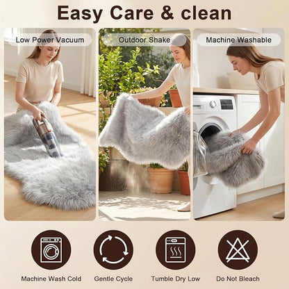 duduta Gray Faux Sheepskin Chair Seat Covers, Fluffy Shag Fur Throw Rugs Room - Image 4