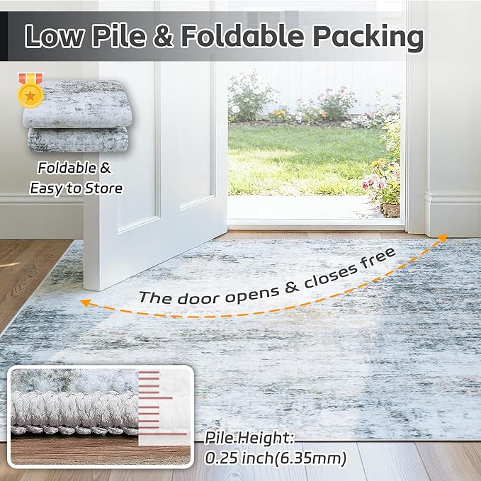 10x14 Washable Area Rug for Living Room Bedroom: Non-Slip Modern Blue Grey | - Image 7
