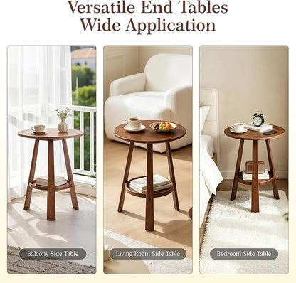 Bamboo Round End Table with Storage Shelf, 2-Tier Mid-Century Modern Accent - Image 7