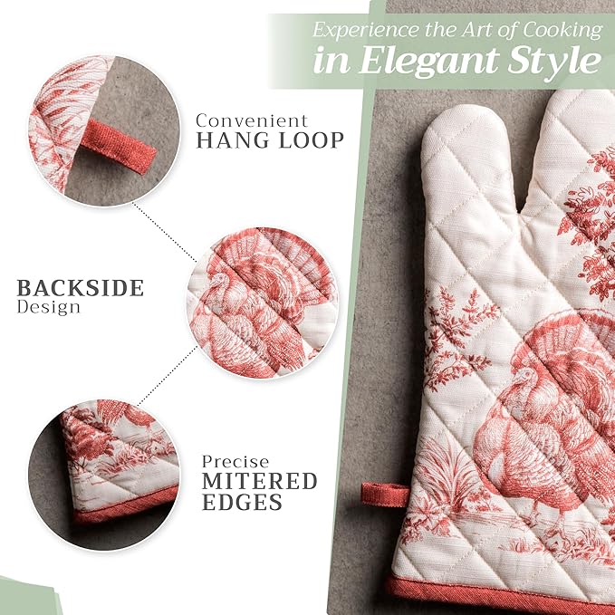 Maison d' Hermine 100% Cotton Oven Mitt & Pot Holder Set (7.5"x13" & 8"x8") Heat Resistant BBQ Cooking Gloves with Loop, Baking, Grilling, Kitchen, Handling Hot Pans (Holy Jouy - Red)
