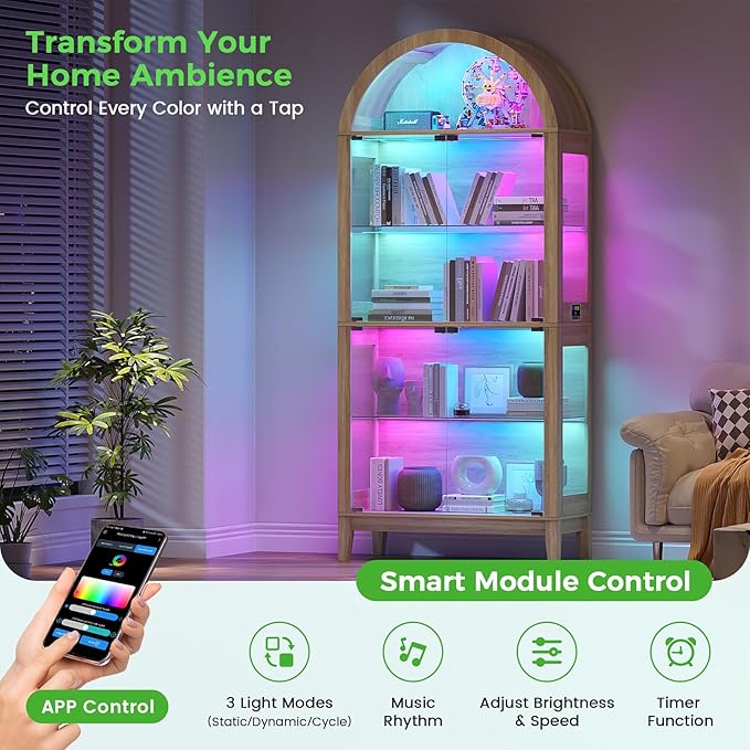 HNEBC Arched Display Case with RGB Lights, LED Curio Cabinet with Shelf - Image 3