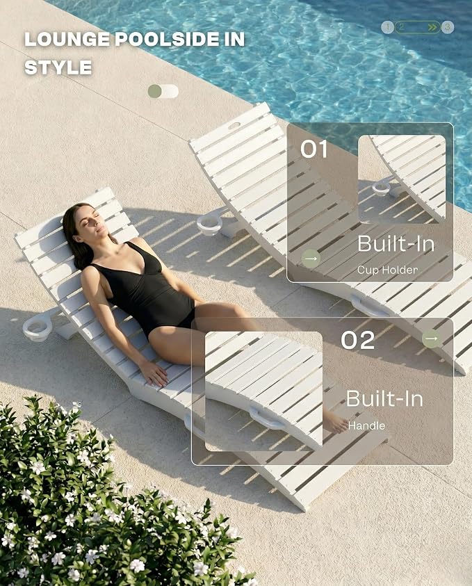 Folding HDPE Pool Lounge Chairs Set of 6, Pre-Assembled Outdoor Chaise Lounge - Image 5