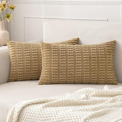 MIULEE Lumbar Corduroy Decorative Throw Pillow Covers 12x20 Khaki Pack of 2 | by MIULEE