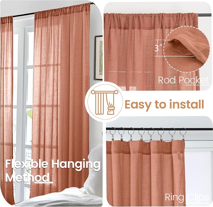 BGment Terracotta Curtains 80 Inch Length, Rustic Semi Sheer Drapes - Image 6