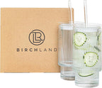 All Glass Iced Coffee Cup with Lid and Straw (16oz striped)