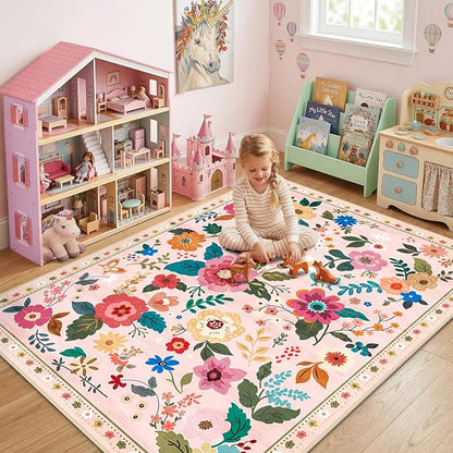 RELEANY Floral Washable 8x10 Area Rugs Pink | Flower Carpet Print Boho Cute Non - Image 8