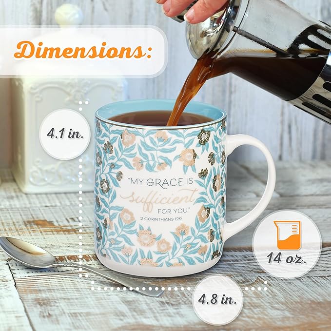 Christian Art Gifts Teal Floral Ceramic Coffee Mug – 14 oz. Lead and Cadmium-free Inspirational Scripture Coffee and Tea Mug for Women with Bible Verse: My Grace is Sufficient – 2 Corinthian 12:9