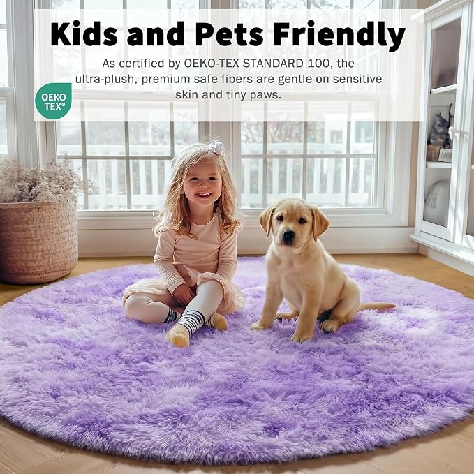 Round Rugs 5ft for Bedroom Living Room, Tie-Dyed Purple Fluffy Circle Area Rug - Image 3