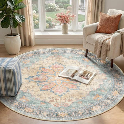 RELEANY Washable Area Rug, Round 4ft, Water Repellent, Pet Friendly, Vintage - Image 2