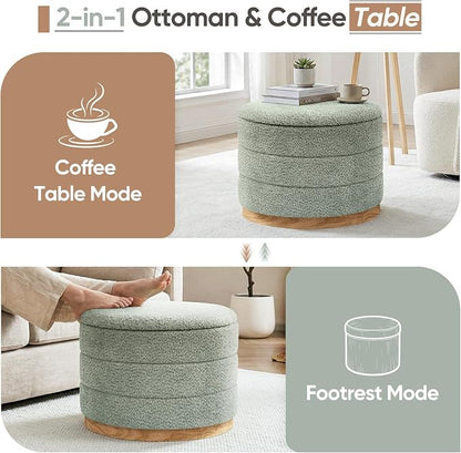 Round Storage Ottoman with Tray Lid, Folding Chenille Fabric Footrest with - Image 5