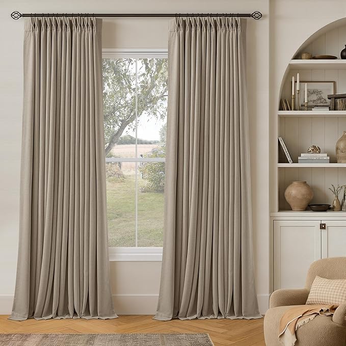 Deep Flax Greige Pinch Pleated 100% Blackout Linen Curtains 90 Inch Length | by Twodrapes
