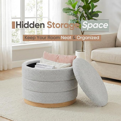 Round Storage Ottoman with Tray Lid, Folding Chenille Fabric Footrest with - Image 4