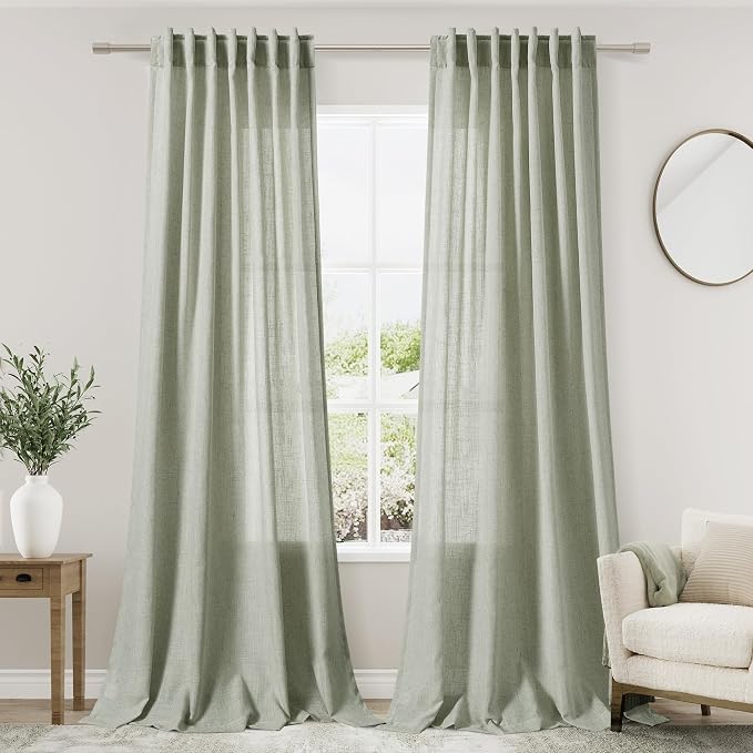 2 Panels Set Sage Green Linen Curtains 126 Inches Long by Nanspring