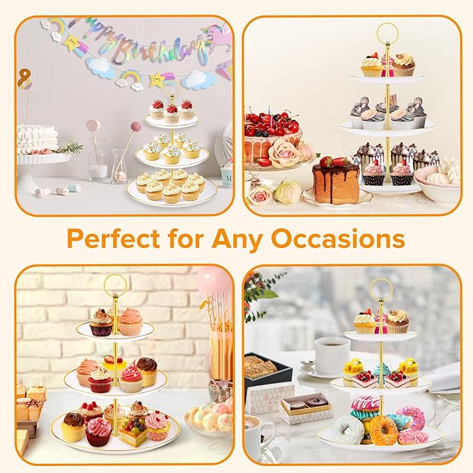 Hoedia 3 Tier Cupcake Stand Tower, Plastic White Cup Cake Holder for Dessert stands, Tiered Serving Tray for Tea Party, Birthday Party, Wedding Decor and Baby Shower(Round)