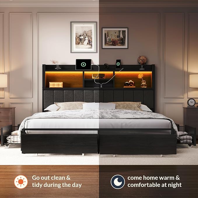 LARMACE King Bed Frame with 6 Storage Drawers, Bed Frame King Size with Linen - Image 8