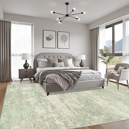 8x10 Area Rug Living Room: Modern Washable Soft Carpet Green Cream | - Image 3