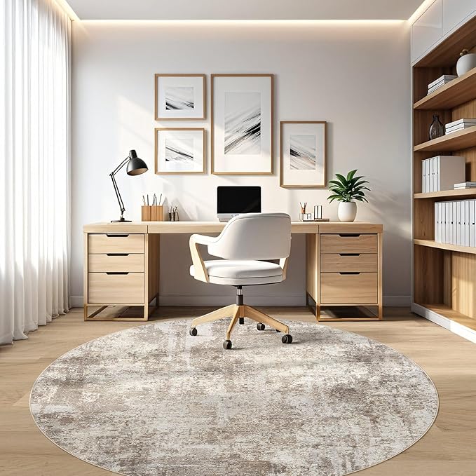 LOONGRUG Round Rug 5x5 Washable Neutral Modern Circle Area Rug Brown Beige | - Image 7