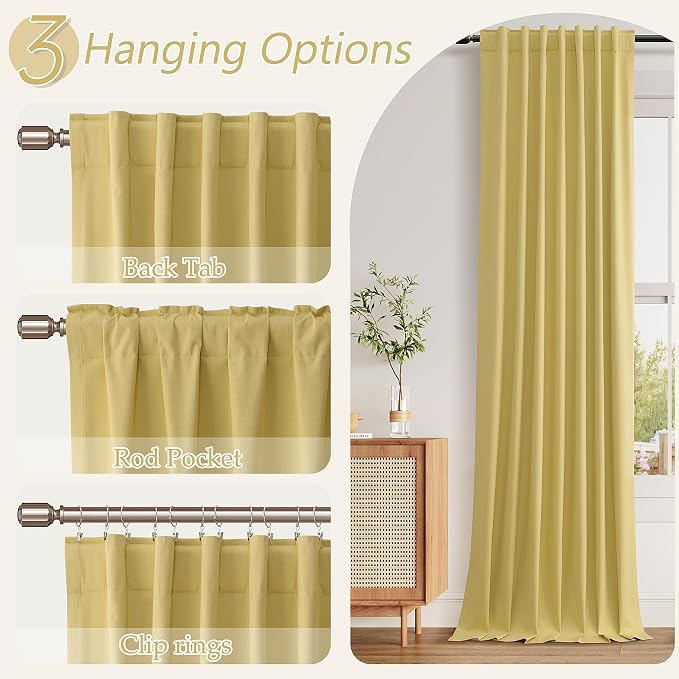 Yellow 100% Blackout Linen Curtains 108 Inch Length 2 Panels Set - Image 6
