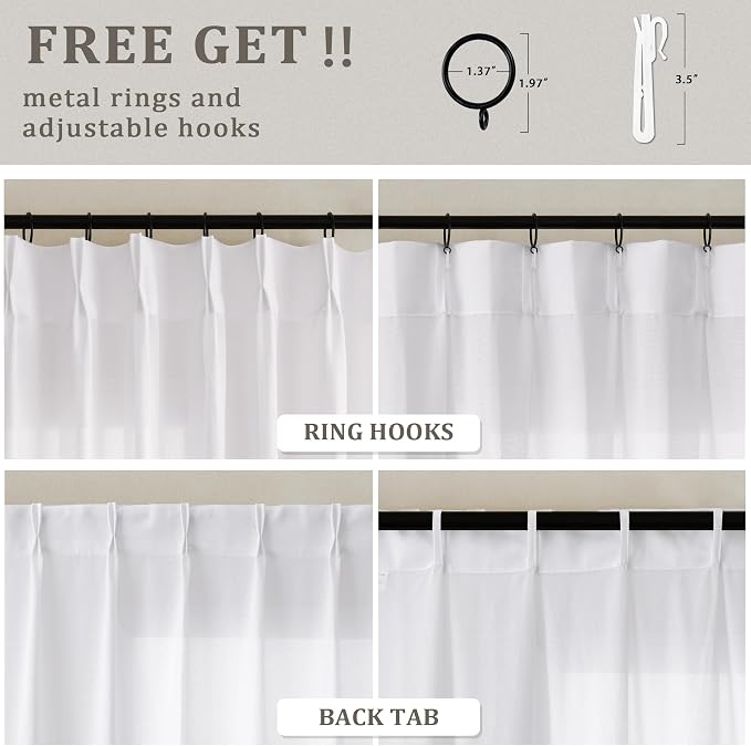Extra Wide Pinch Pleat 100 x 84 Inch Linen Curtains White Semi Sheer | Light - Image 3
