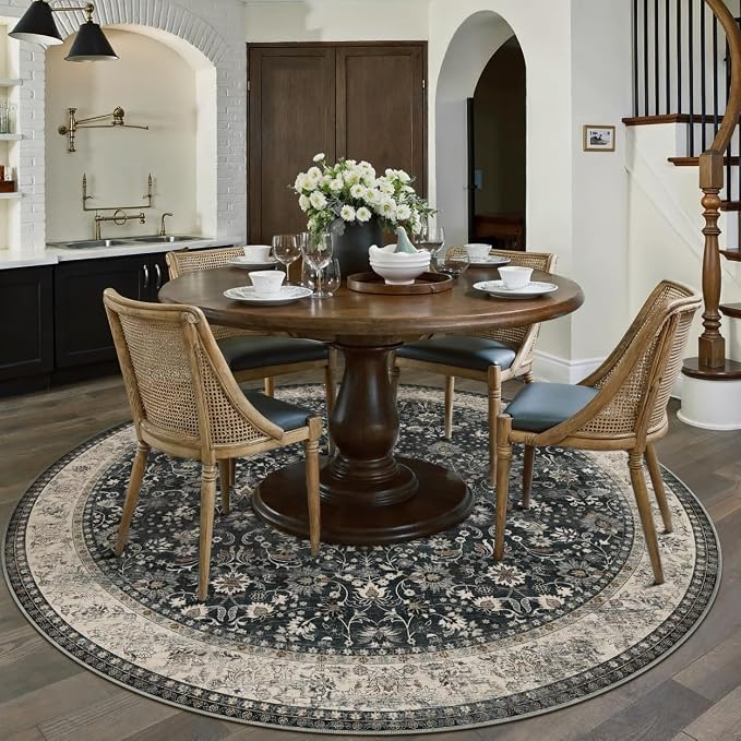 5ft Round Black Beige Vintage Floral Washable Rug - Image 3