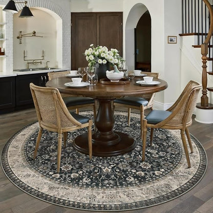 5ft Round Black Beige Vintage Floral Washable Rug - Image 3