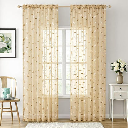 MIULEE Khaki Sheer Curtains 2 Panels Embroidered Leaf Patterned, W52 x L84 | - Image 2