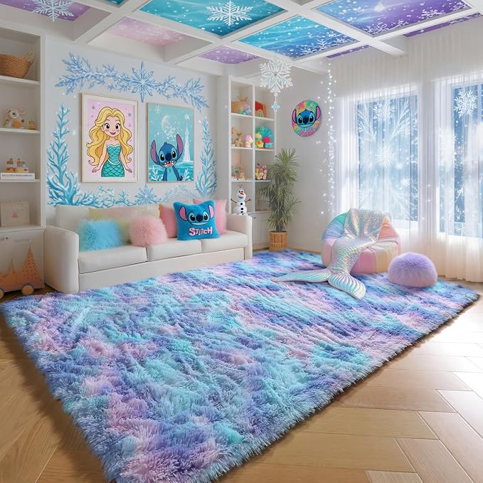 8x10 Area Rug, Cute Kawaii Purple Rainbow Rug by PAGISOFE