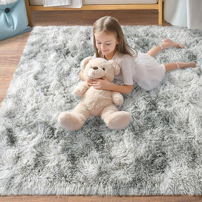 Fluffy Area Rug for Bedroom 4x6, Indoor Plush Carpet, Tie Dye Grey | Shag Soft - Image 7