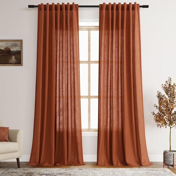 Terracotta Linen Blend Semi Sheer Curtains 86 Inches Long 2 Panel Set Pocket by Nanspring
