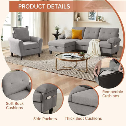 2PCS Sectional Sofa Set with Ottoman, Modern Linen 4 Seater Couch Set with Side - Image 3