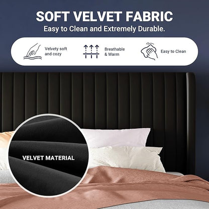 Allewie Queen Size Velvet Bed Frame/Vertical Channel Tufted Wingback - Image 6