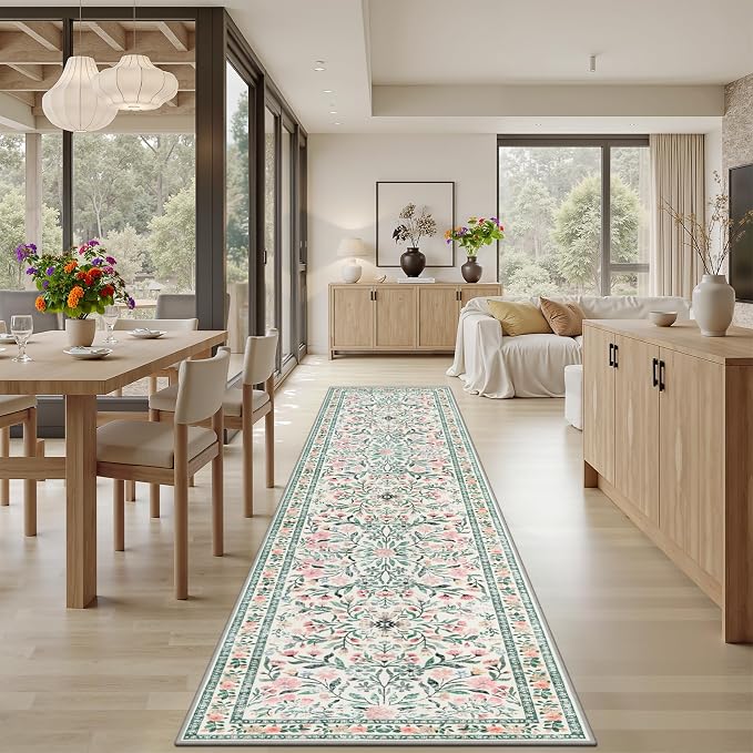 PLHXFR 2.6x10 Washable Runner Rug：Floral Indoor Kitchen Carpet Green Beige | - Image 4