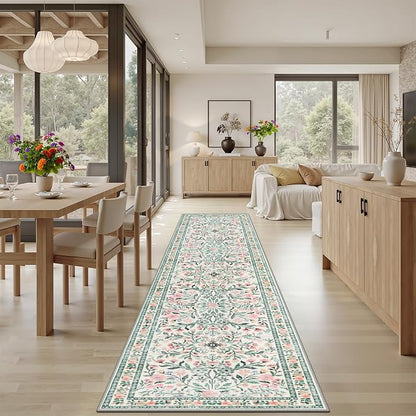 PLHXFR 3x10 Washable Runner Rug：Floral Indoor Kitchen Carpet Green Beige | - Image 4