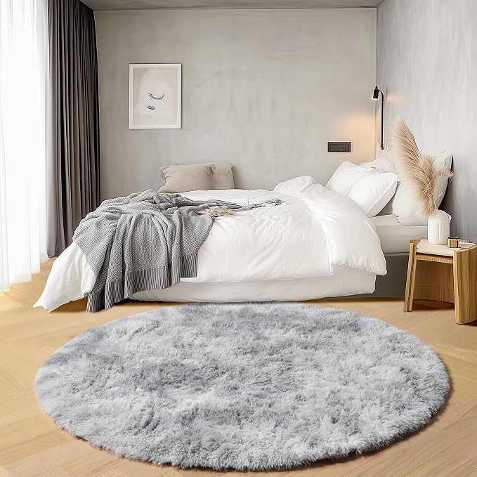 Tie-Dyed Light Grey Round Area Rugs 6ft, Ultra Soft Bedroom Circle Rug - Image 3