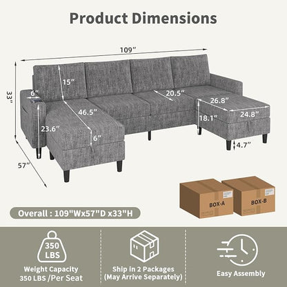 Sectional Couches for Living Room, 6-Seats Soft Linen Fabric Sectional Sofa - Image 2