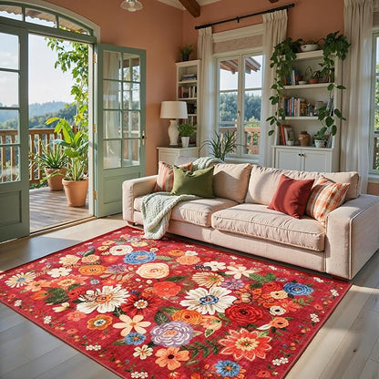 Red Floral Area Rugs 5x7 for Bedroom Livingroom Non-Slip | Ultra-Thin Soft by WelcometoBabovid