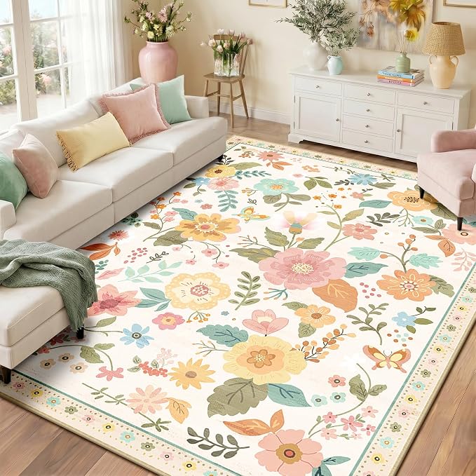 RELEANY Floral Washable 8x10 Area Rugs Beige/White/Orange | Flower Carpet Print by RELEANY