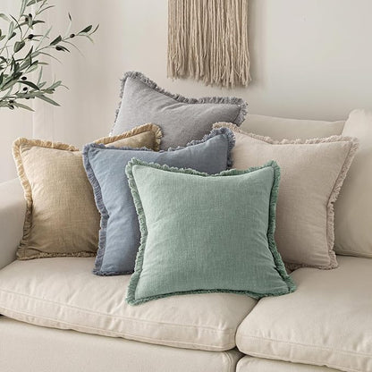 MIULEE Boho Linen Fringe Decorative Throw Pillow Covers Aqua Green 18x18 | Set - Image 5