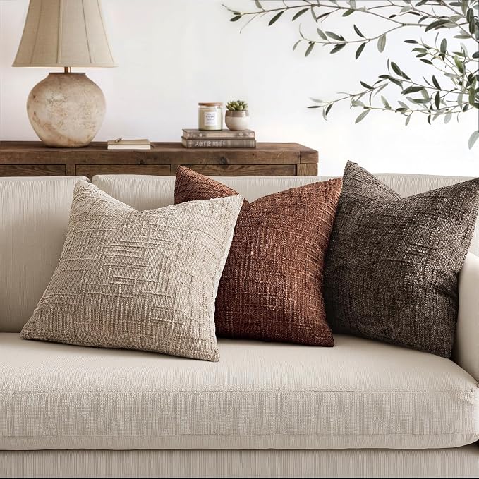 MIULEE Chenille Textured Throw Pillow Covers Oatmeal 20x20 Set of 2 | Slubby - Image 4