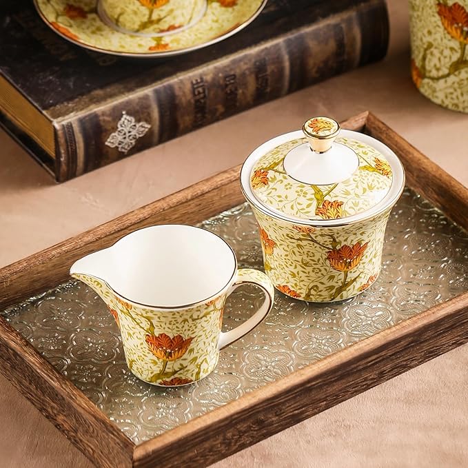 ACMLIFE Tea Set for Adults- Fine China Tea Set for 6, 21-Piece Vintage British Coffee Set English Porcelain Tea Pot Sets for Adult Tea Party for Women Gift (Tulip Yellow, Extra Large 21)