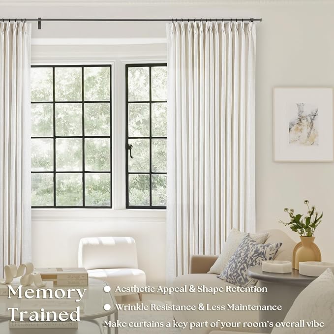 Natural Pinch Pleated Linen Curtains 92 Inches Long 2 Panels Set | Thick Linen - Image 2