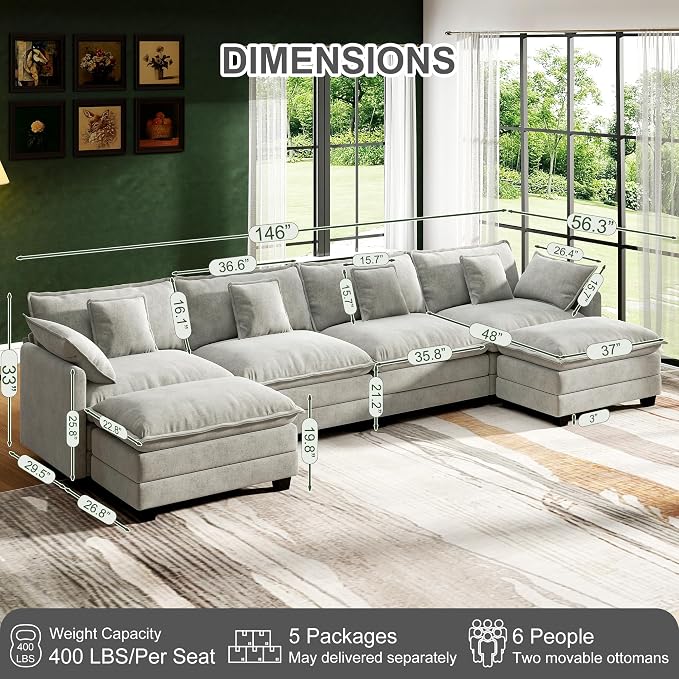 146" Cloud Couch Sectional, U Shaped Modular Sectional Sofa, 4-Seat Deep Seat - Image 2