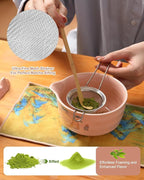 Matcha Whisk Set, Ceramic Matcha Set Includes Matcha Bowl, Matcha Whisk and Holder, Bamboo Scoop, Scoop Rest, Sifter and Tea Towel - 7 Pcs Matcha Kit(Pink)