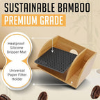 HEXNUB Caddy and Lid for Pour Over Coffee Maker, Bamboo Stand fits Chemex, Bodum, Cosori Coffee Carafes, Heatproof Mat, Filter Holder - Black Mat