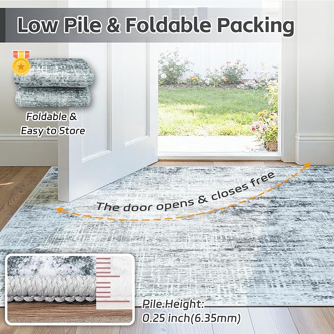 10x14 Washable Area Rug for Living Room Bedroom: Non-Slip Modern Black Grey | - Image 7