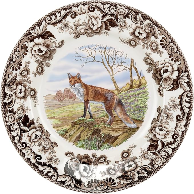 Spode Woodland American Wildlife Red Fox Dinner Plate - Striking Animal Illustration, Rustic Elegance for Holiday Meals, 10.5" Fine Earthenware - Dishwasher, Microwave, Oven Safe, Made in England