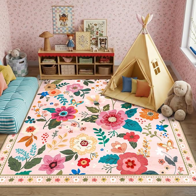 RELEANY Floral Washable Square 6ft Area Rug Pink | Flower Carpet Print Boho - Image 2