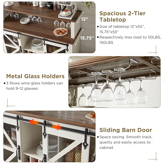 OKD Farmhouse Coffee Bar Cabinet with LED Lights, 55" Wine Bar Cabinet w/Sliding Barn Door & Wine and Glass Rack, Kitchen Buffet Cabinet w/Storage Shelves for Dining Room,Antique White